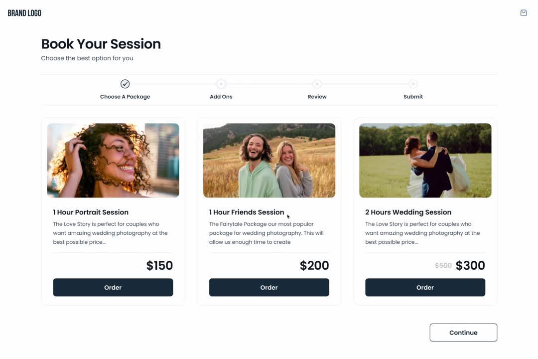 Pixifi client booking page showing selectable session packages with prices and an order button