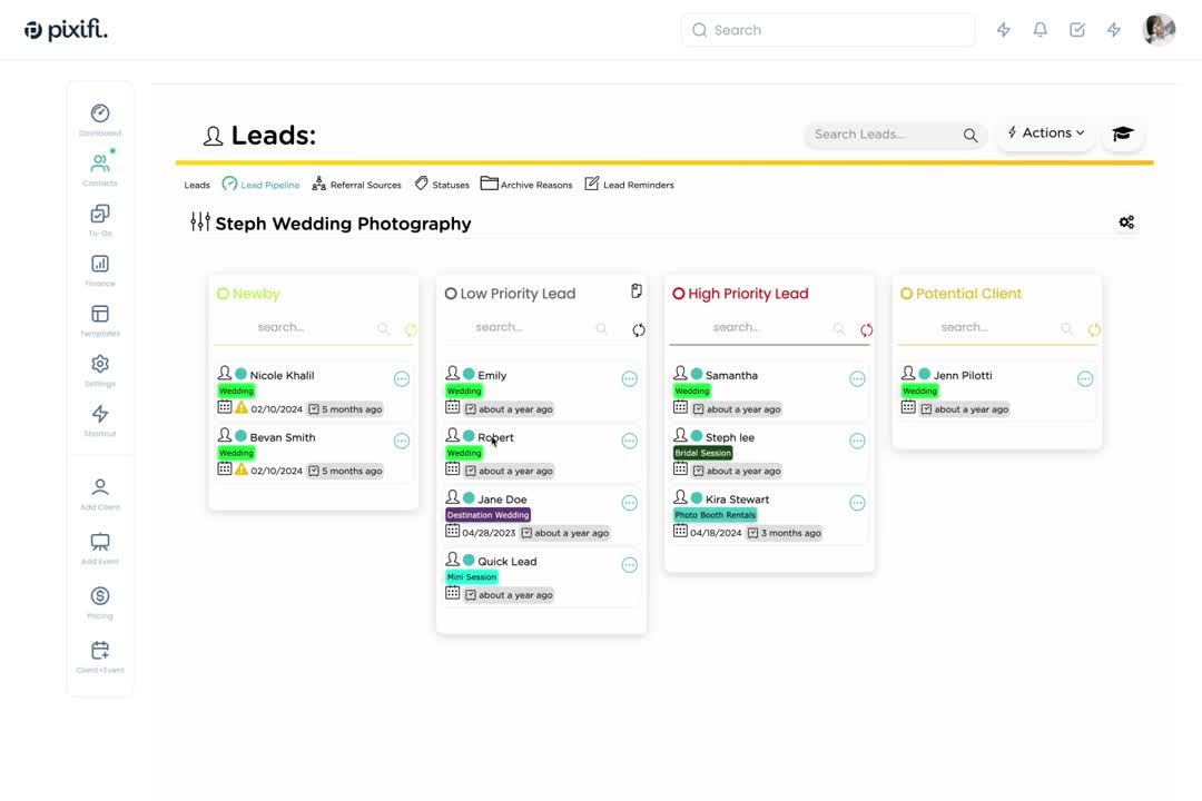 Pixifi leads pipeline board with columns for new, low priority, high priority and potential clients