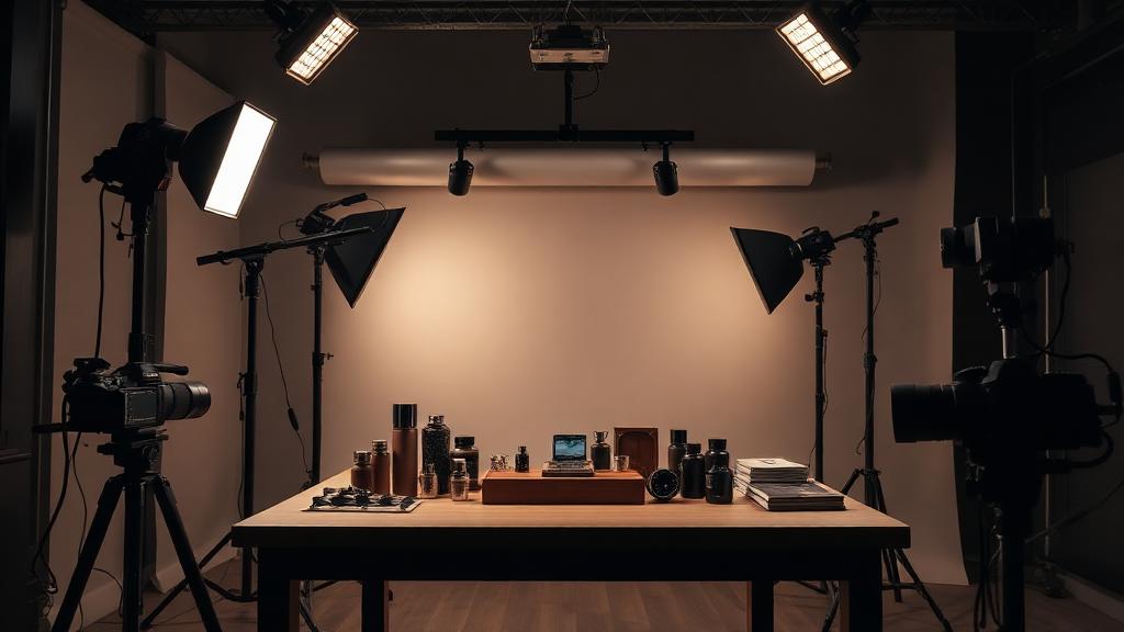 Commercial product photography set with studio lighting and camera rigs