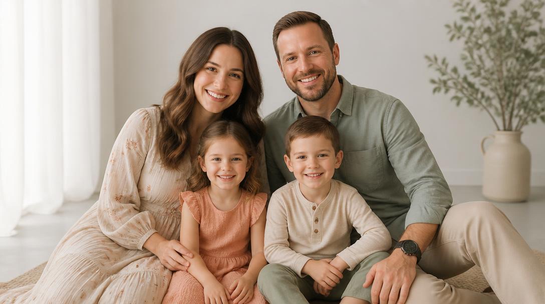 Family of four posed in a studio with soft natural light, family portrait photography