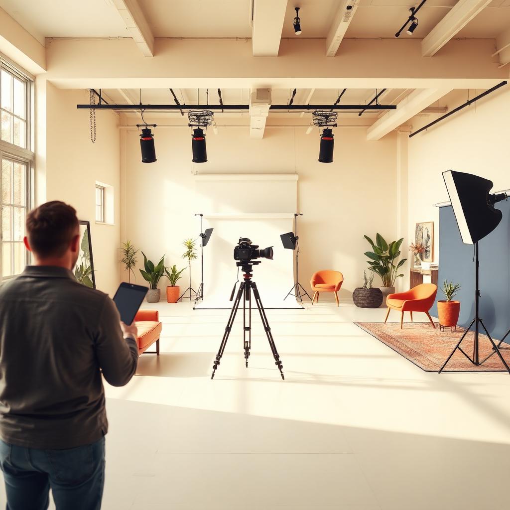 Photographer holding a camera in a studio with multiple styled backdrops