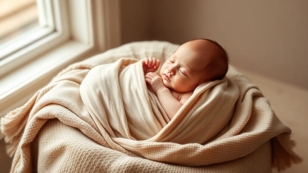 Newborn baby sleeping wrapped in neutral linen, newborn photography
