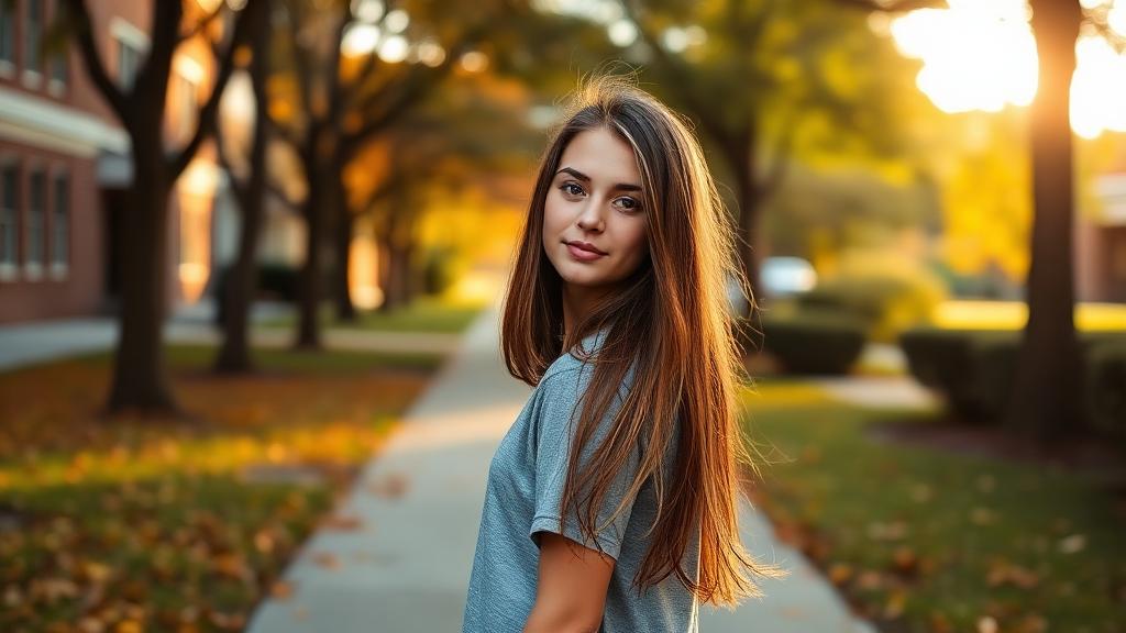High school senior portrait taken outdoors on a campus path in autumn light