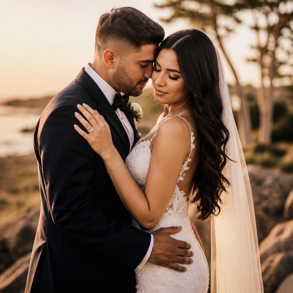 Bride and groom embracing at golden hour, wedding photography